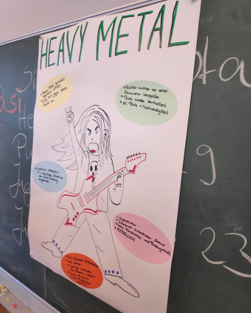 ein Plakat mit einer gemalten Figur, die Gitarre spielt, über der Figur steht "Heavy Metal"